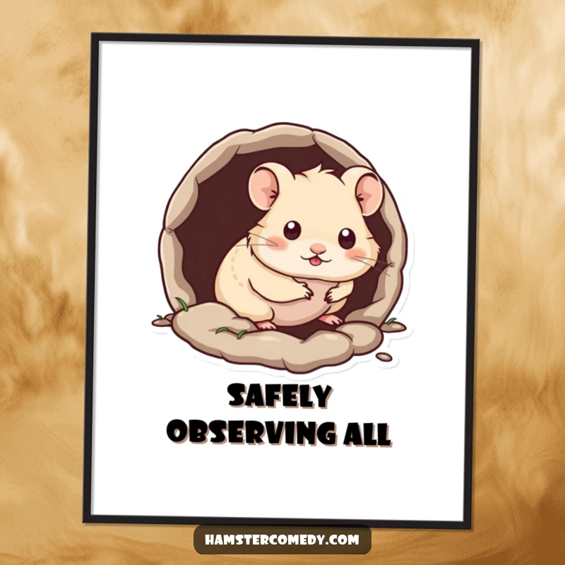 Funny Kawaii Hamster Digital Art Print of a hamster peeking out from a tiny burrow, full of shy charm.