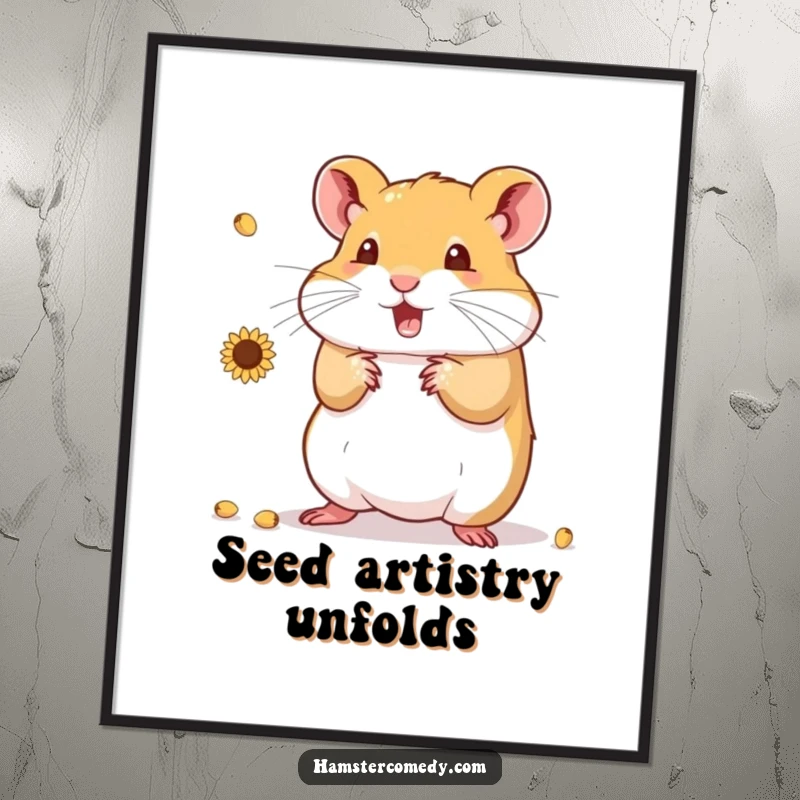 Funny Hamster Digital Art Print showing a comical hamster juggling a delightful array of sunflower seeds, ready to be framed.