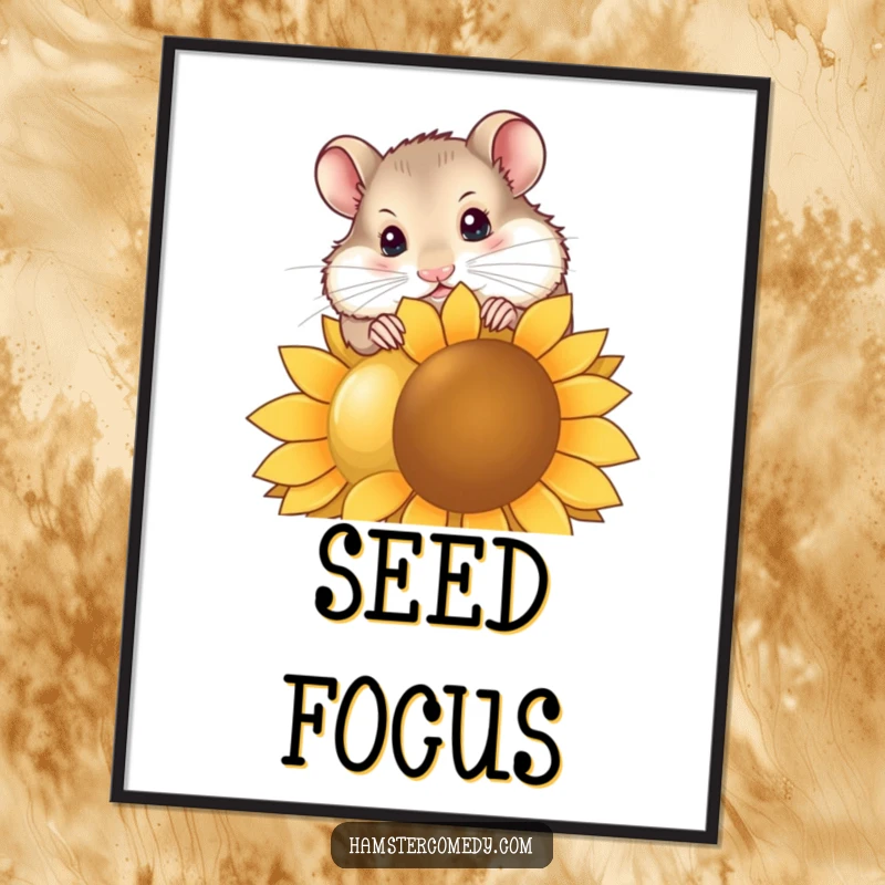 Funny hamster digital art print showing a curious hamster tilting its head to nibble a giant sunflower seed, perfect for printable decor.