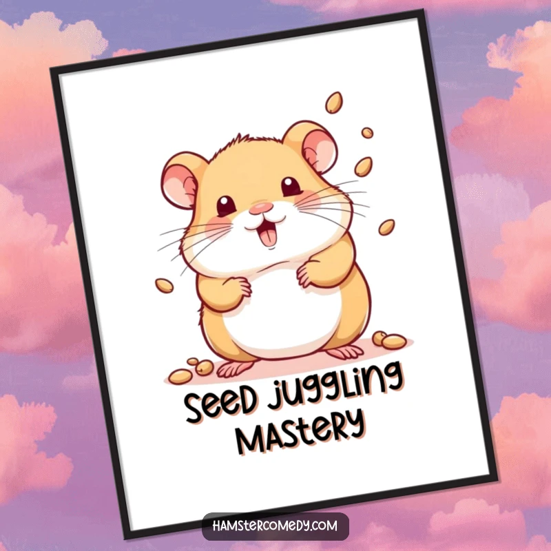 Funny digital art print of a kawaii hamster playfully juggling tiny seeds with impressive skill.