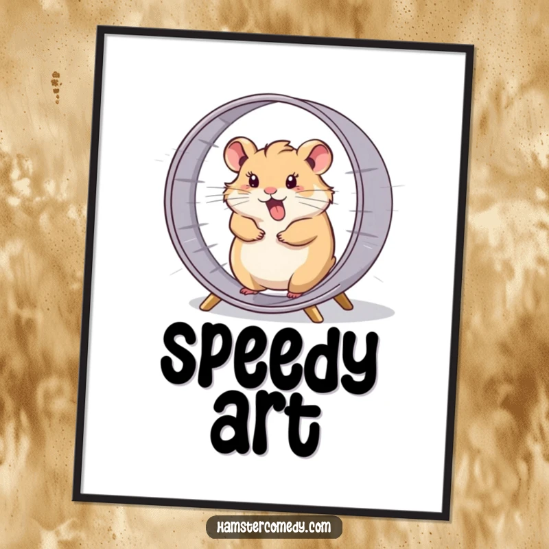 Funny hamster comically spinning in its wheel at high speed, a humorous digital art print.