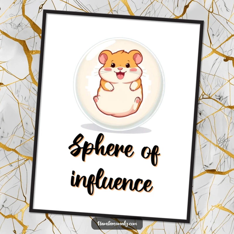 Funny digital art print of a hamster gleefully rolling inside a clear ball, perfect for humorous home decor and vibrant energy.