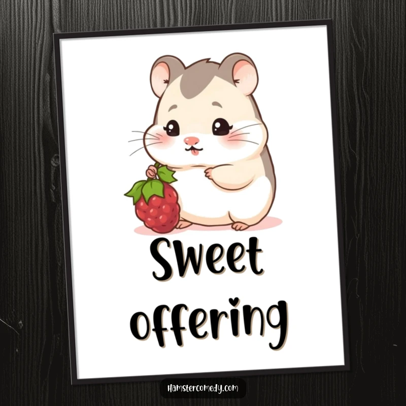 Funny Hamster Digital Art Print: A shy hamster peeks out, offering a tasty berry with a bashful and humorous expression.