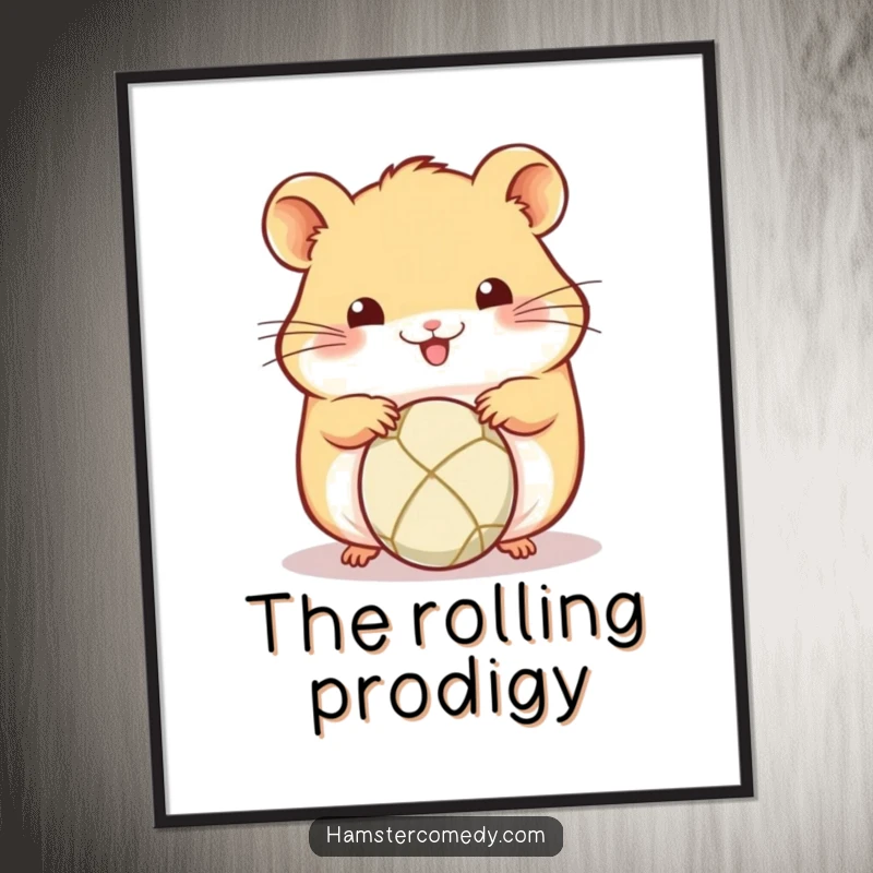 Funny Kawaii Hamster Digital Art Print: Adorable hamster intently rolling a small ball with its paws, embodying playful focus and cheerful action.