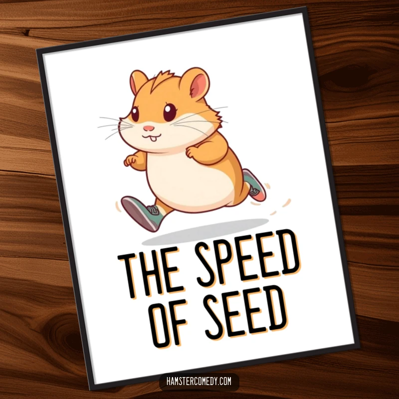 High-resolution funny hamster art, wearing tiny shoes and sprinting with determination, perfect for immediate motivational decor.
