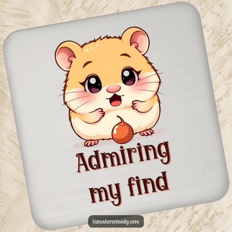 Funny Drink Coaster: A hamster with wide, surprised eyes stares at a dropped raisin, a humorous image for surface protection.
