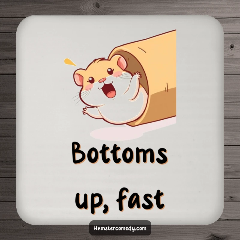 Funny Hamster Coaster: A hamster comically sliding down a cardboard tube with a surprised yelp, offering surface protection with a humorous design.