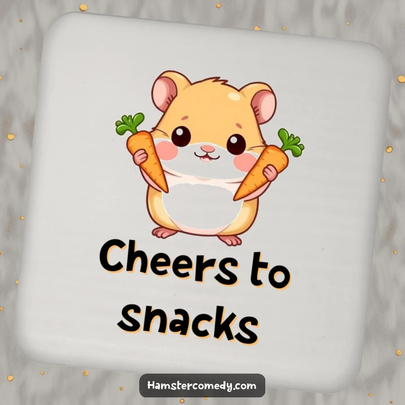 Funny drink coaster featuring a hamster holding two tiny carrots with pride, symbolizing accomplishment and protection.
