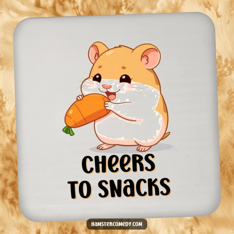 Funny hamster carrying a big carrot, determined expression, humorous drink coaster, perfect funny gift.