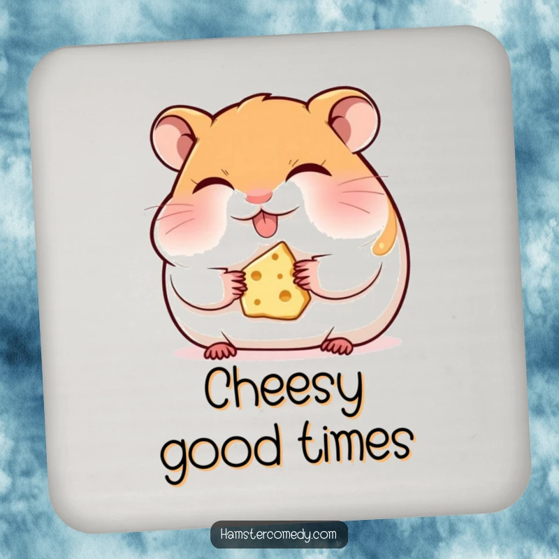Funny hamster coaster, eyes closed, happily munching cheese, protecting your table with tiny treat charm.