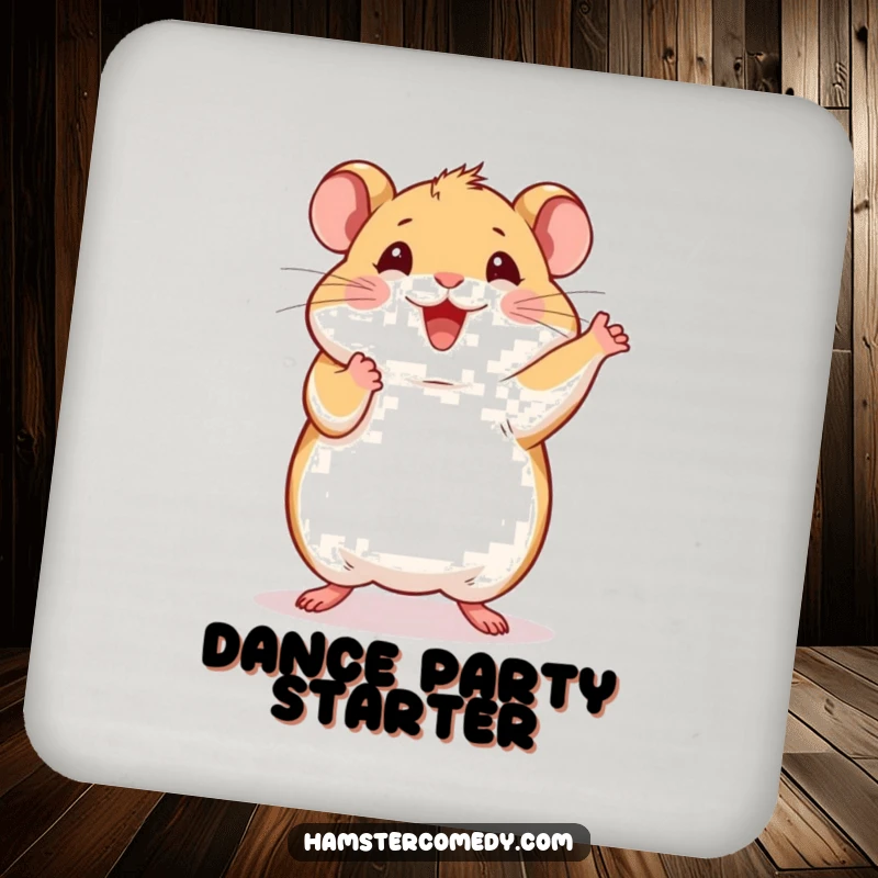 Set of coasters featuring a funny hamster doing a happy dance with paws raised, offering protection with charm.