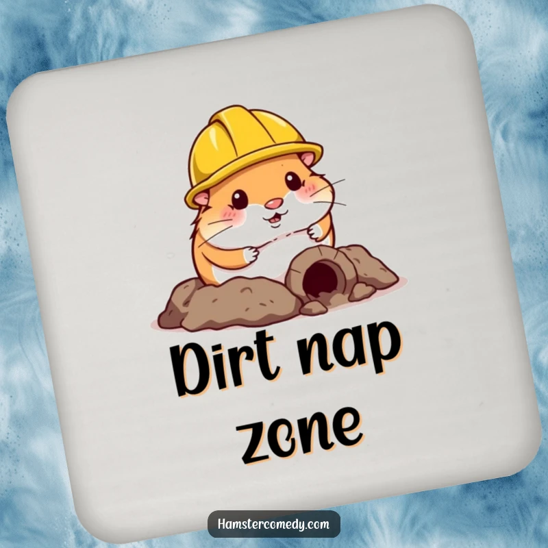 Funny Hamster Coaster: A hamster in a construction helmet humorously digs a small tunnel, protecting surfaces with a smile.