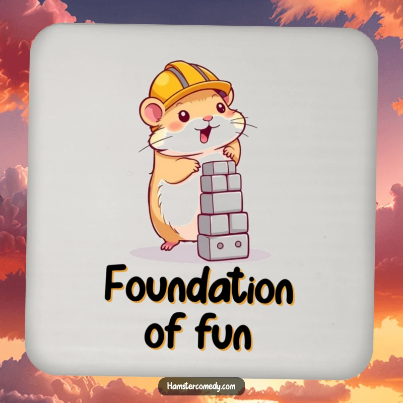 Funny hamster wearing a construction helmet, building a tower, on a drink coaster, great for gifts.
