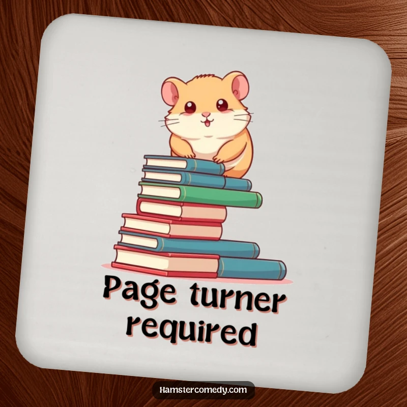 Funny Hamster Coaster: A determined hamster humorously climbs a tall stack of miniature books, protecting surfaces with wit.
