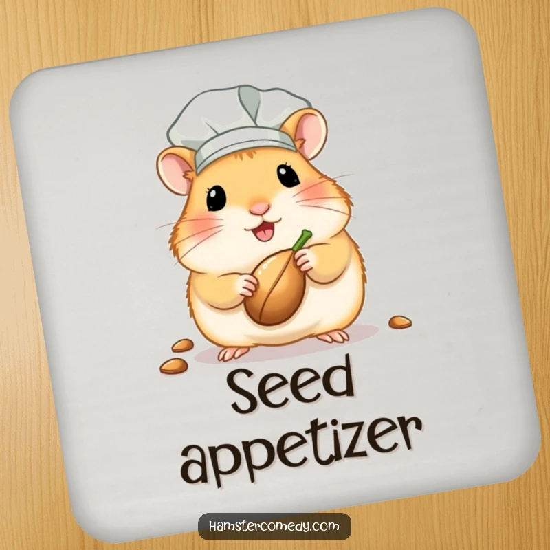 Funny kawaii hamster chef coasters featuring a cute hamster in a chef hat, presenting a seed, perfect for protecting surfaces.