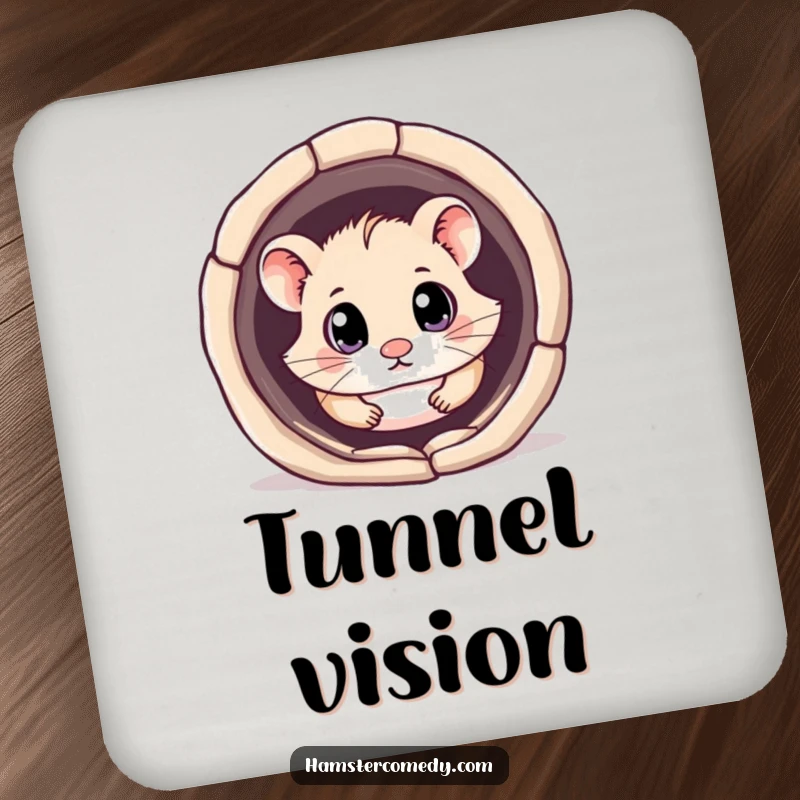 Funny kawaii hamster coasters featuring a cute hamster with big, curious eyes exploring a tunnel, perfect for protecting surfaces.