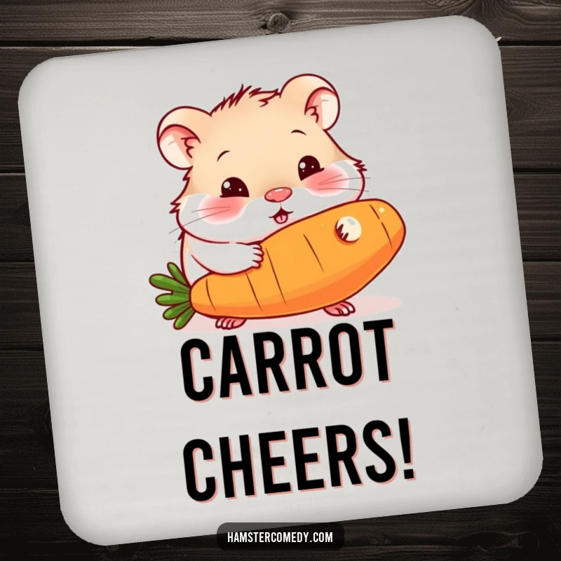Funny coaster design of a curious hamster happily munching on a huge carrot, bringing humorous protection to surfaces.