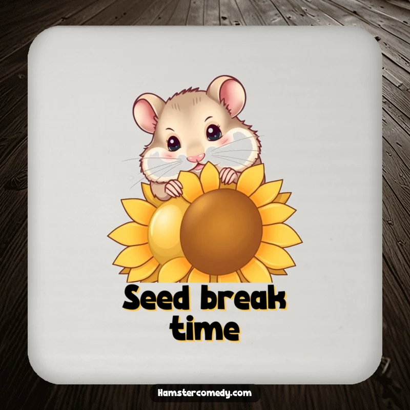Funny hamster drink coaster with a curious hamster nibbling a giant sunflower seed, adding a humorous touch to table settings.