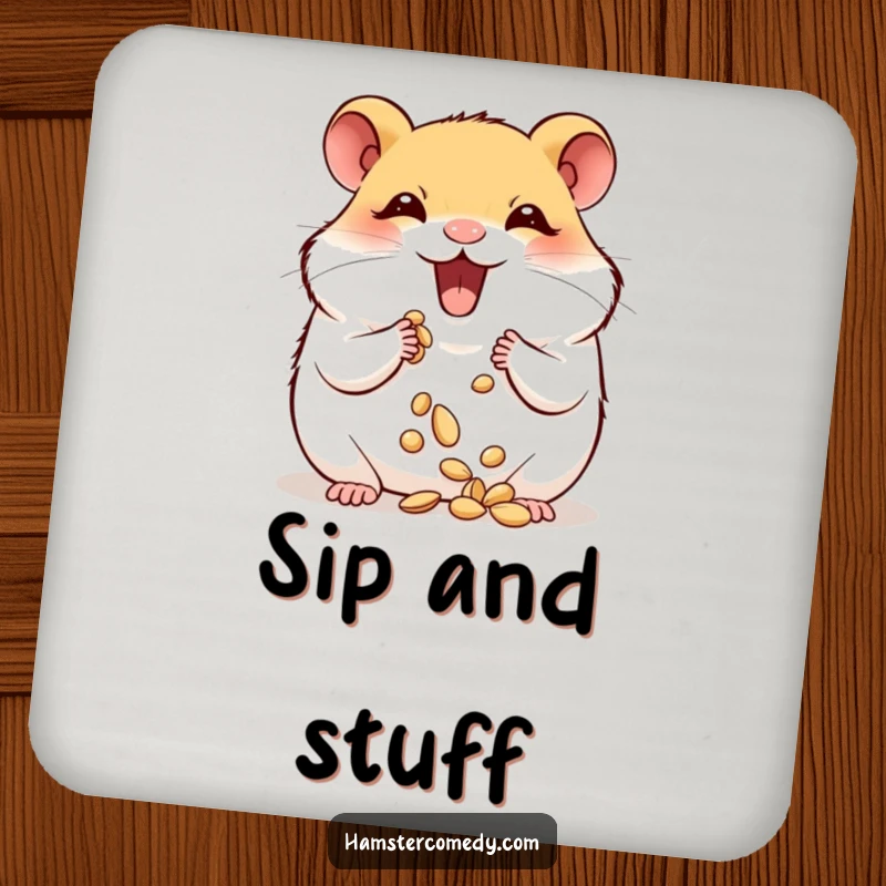 Funny hamster joyfully stuffing its plump cheeks with seeds, a humorous and functional drink coaster.