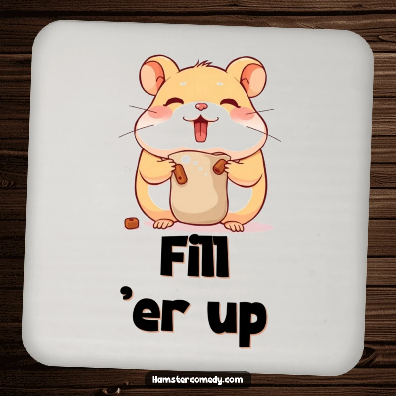 Funny hamster hoarding coasters depicting a character stuffing cheeks, adding foodie humor to tabletops, ideal funny gift.
