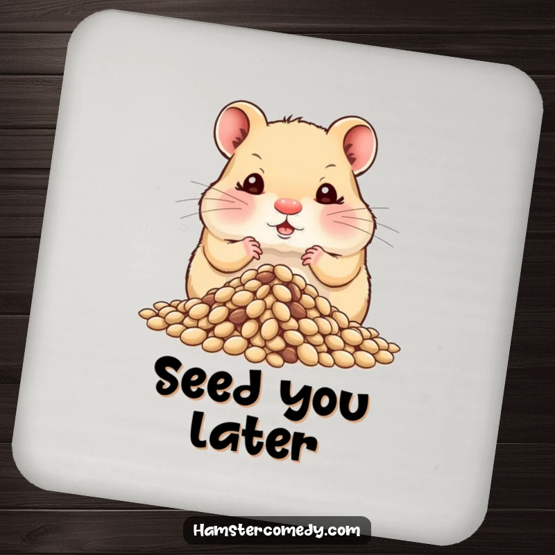 Funny hamster with overstuffed cheeks hoarding seeds, a humorous coaster to protect surfaces with adorable style.