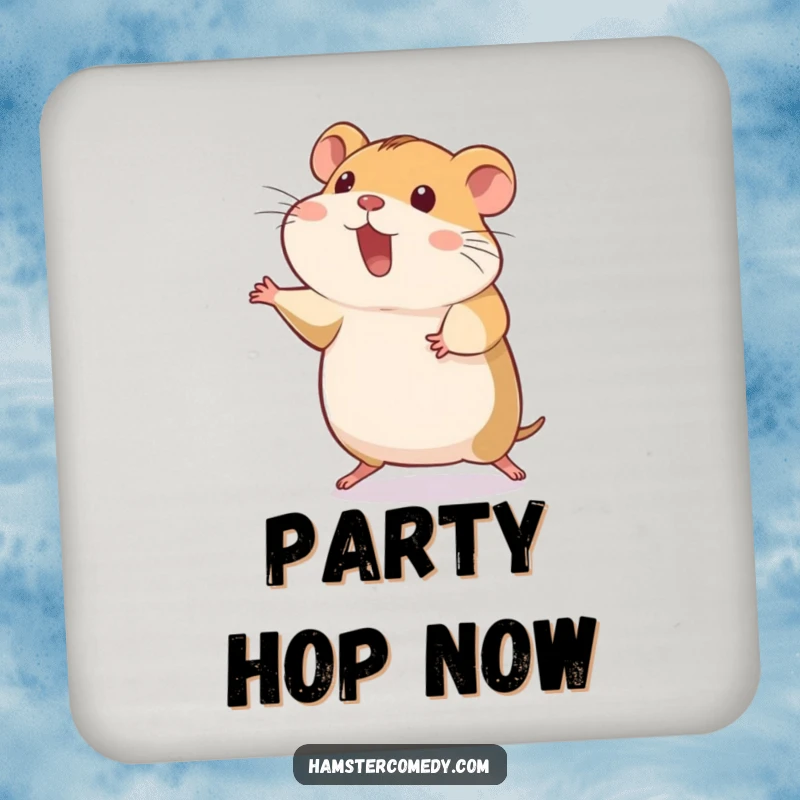 Funny hamster doing a silly hop, back legs extended, humorous drink coaster, perfect funny gift.