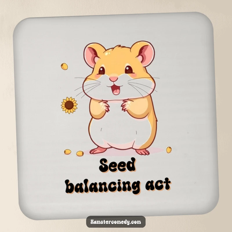 Funny Hamster Coaster showcasing a tiny hamster artistically juggling sunflower seeds, designed to protect surfaces humorously.