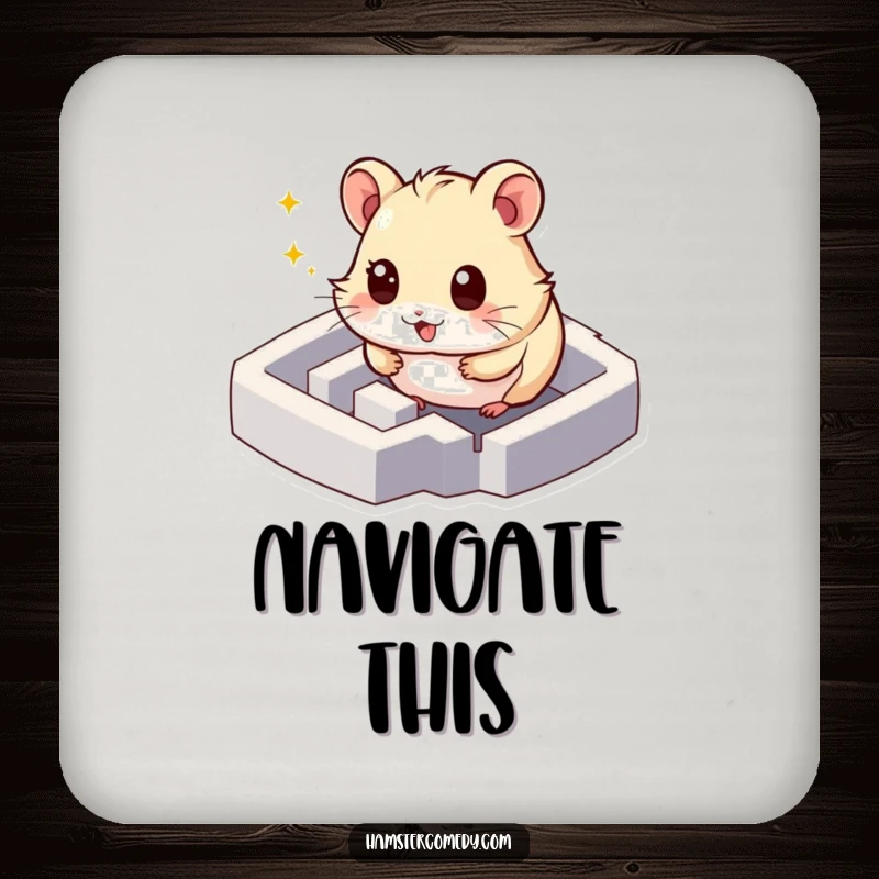 Funny hamster maze coasters depicting a character exploring, adding adventurous humor to tabletops, ideal funny gift.