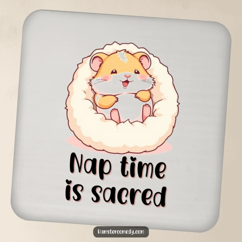 Funny drink coaster with a hamster enthusiastically rolling in a soft bed, adding a touch of humor to drink protection.