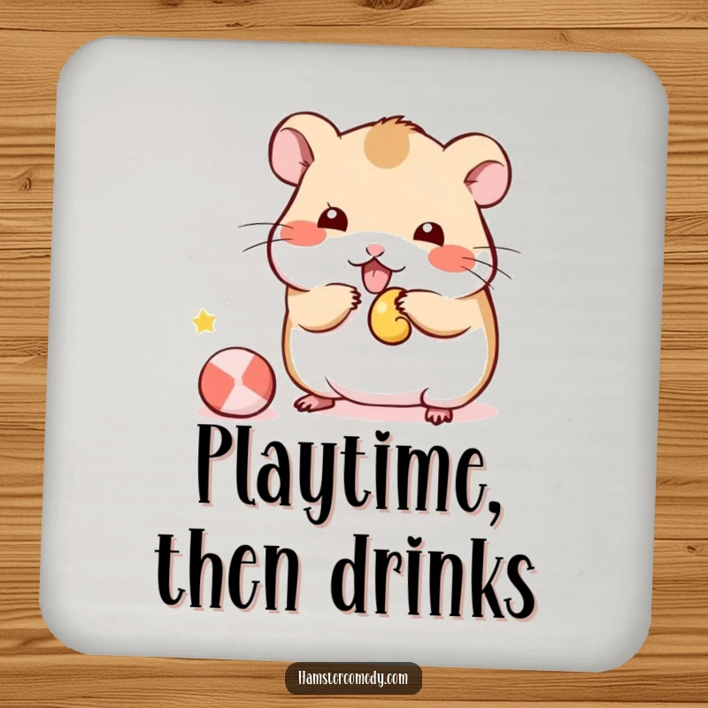 Funny Kawaii Hamster Coaster featuring a cute hamster playfully batting at a small toy, protecting surfaces with humor.