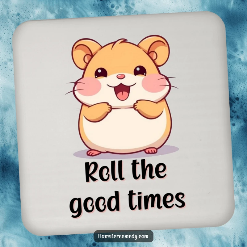 Funny Kawaii Hamster Drink Coaster showing a cute hamster doing a happy roll, for cheerful table protection.