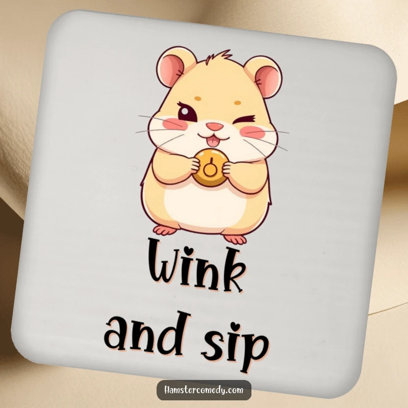 Funny Kawaii Hamster Drink Coaster with a cute hamster giving a mischievous wink and holding a button, for humorous table protection.