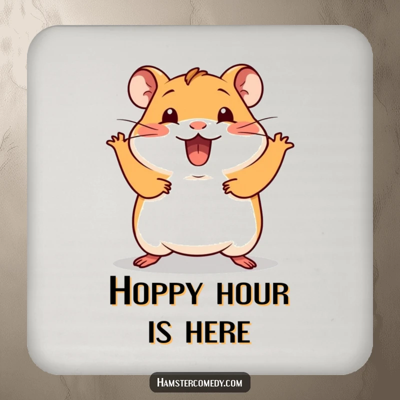 Funny Kawaii Hamster Coaster featuring a cute hamster doing a silly hop with excitement, protecting surfaces with humor.