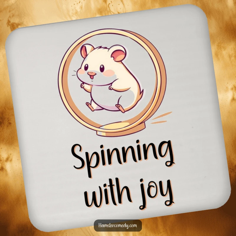 Funny Kawaii Hamster Coasters featuring a hamster running energetically on a spinning wheel, adding humor to surfaces.