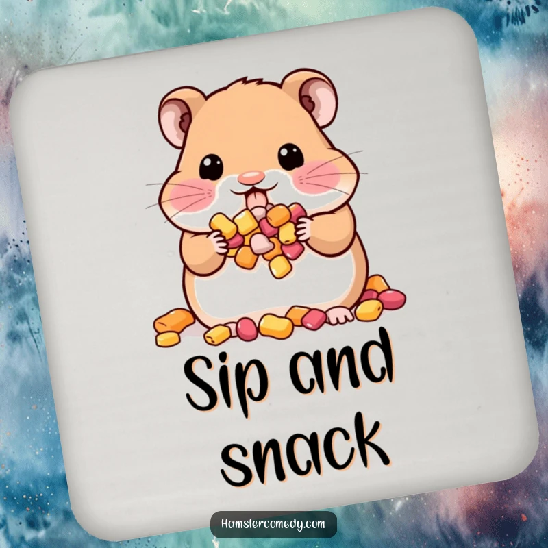 Funny Kawaii Hamster Drink Coaster: A hamster with stuffed cheeks, protecting surfaces with snack-filled and humorous charm.