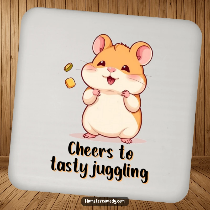 Funny Coaster featuring a kawaii hamster skillfully juggling a tiny treat.