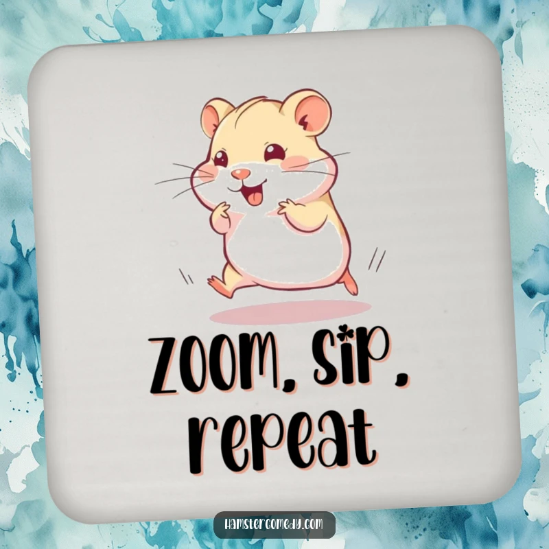 Funny Drink Coaster: A hamster is doing a silly, speedy dash with a playful twitch, a humorous image for surface protection.