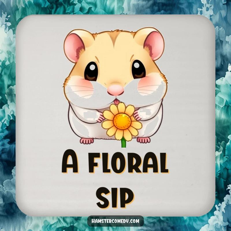 Funny hamster drink coaster featuring a wide-eyed hamster curiously sniffing a flower, adding a touch of gentle humor to surfaces.
