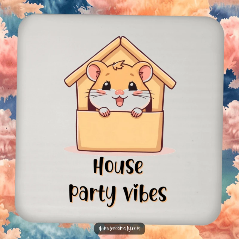Funny hamster coasters, peeking from a cardboard house with glee, protect surfaces, a functional and humorous gift for home.