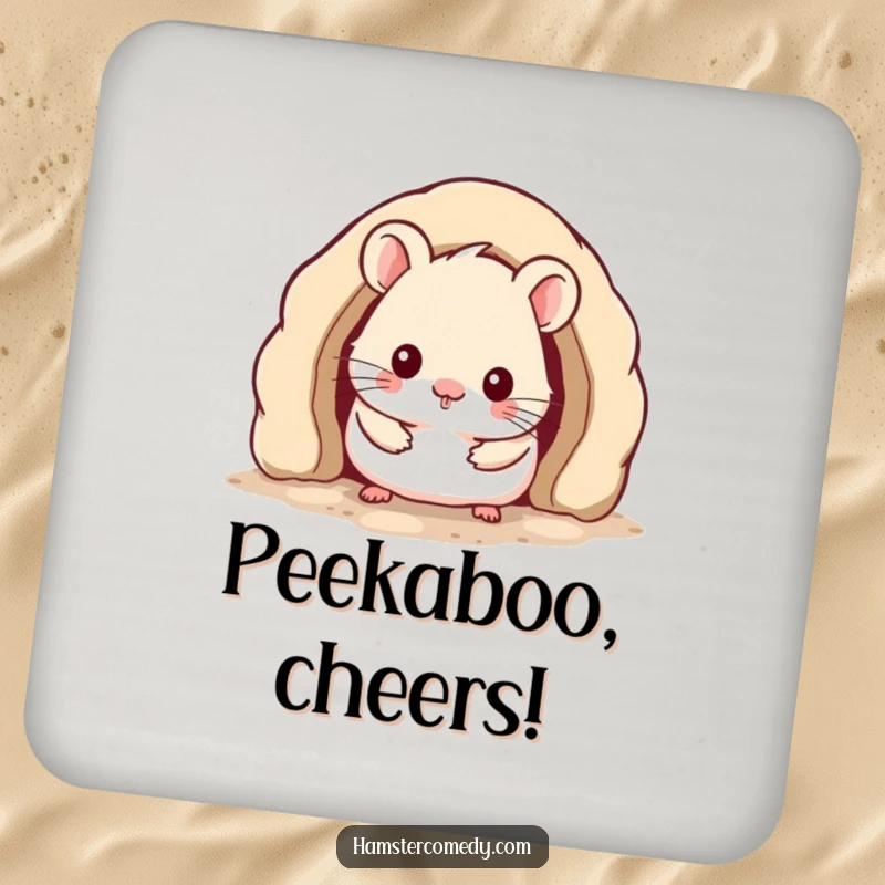 Funny Kawaii Hamster Coaster featuring a cute hamster peeking from a cozy burrow, protecting surfaces with humor.