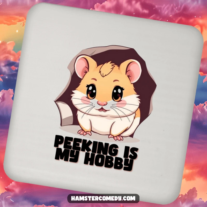 Funny hamster drink coasters showing a curious hamster peeking, adding a touch of playful humor and table protection.