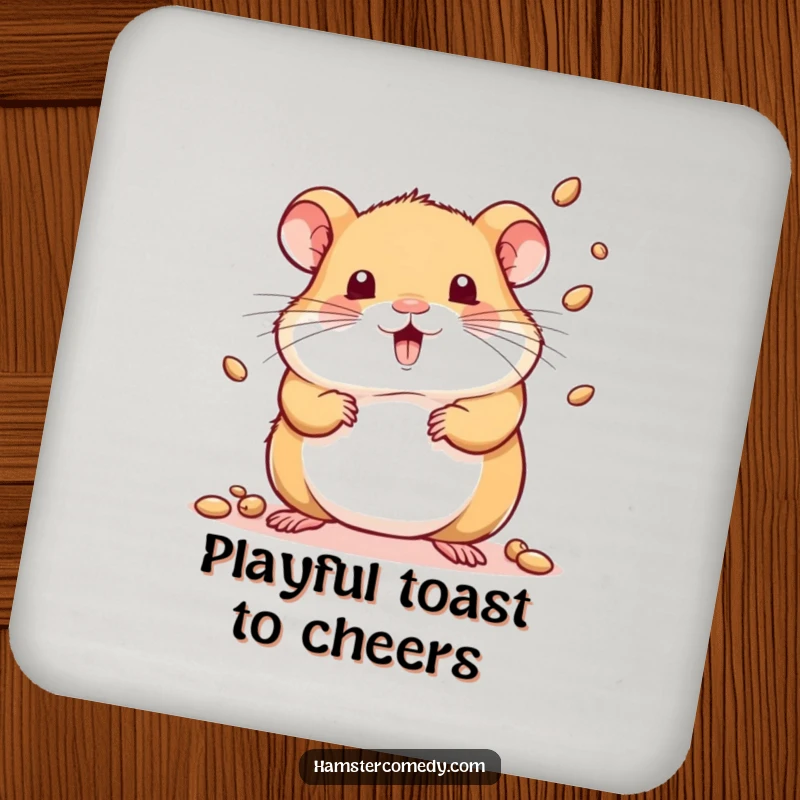 Funny coasters with a kawaii hamster playfully juggling tiny seeds, adding humor to tabletops.