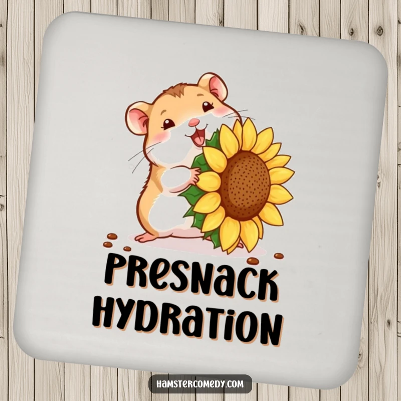 Funny hamster seed struggle drink coaster, featuring a tiny hamster with a giant sunflower seed. Decorative funny gift.