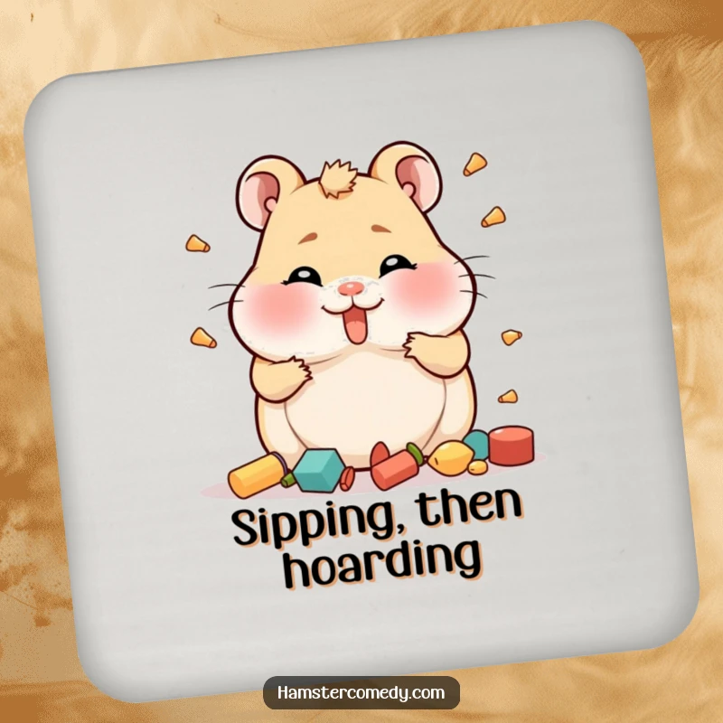 Funny Hamster Coaster with full cheeks comically hoarding items, protecting surfaces with adorable charm.