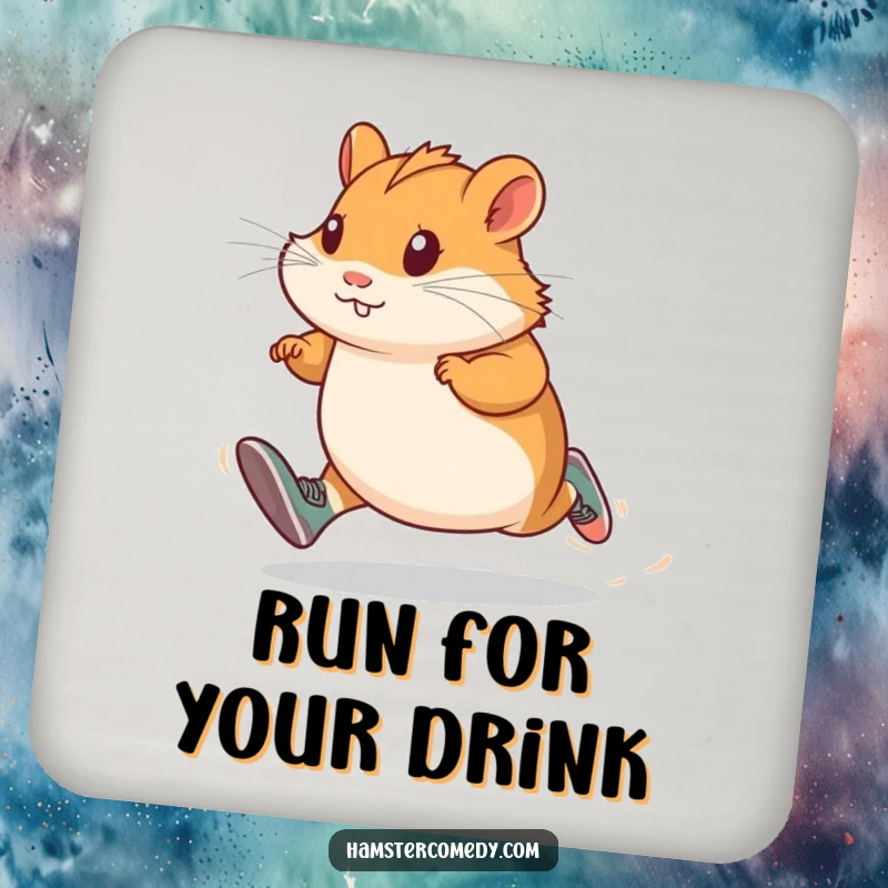 Determined hamster wearing tiny running shoes, sprinting with focus, a humorous coaster to protect surfaces with athletic style.