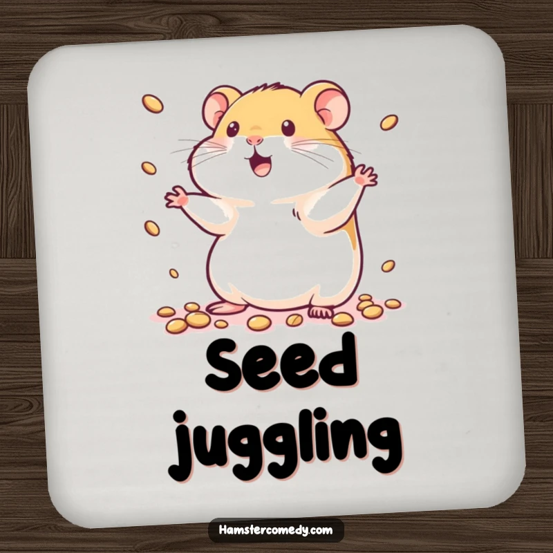 Funny kawaii hamster coasters featuring a cute hamster energetically juggling tiny seeds, perfect for protecting surfaces.