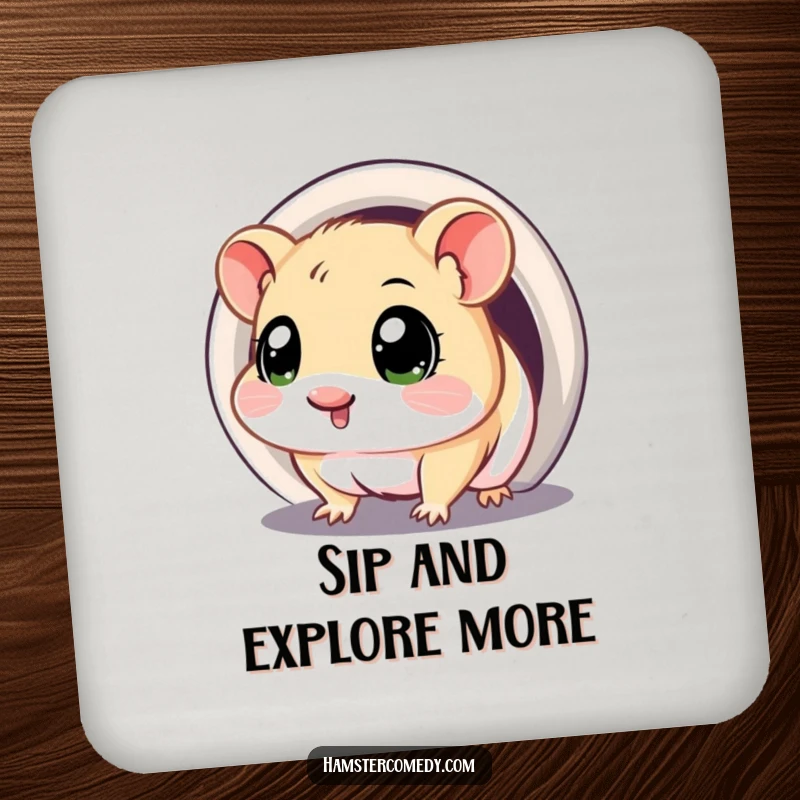 Funny coasters with a kawaii hamster with big, curious eyes, exploring the entrance of a tunnel.