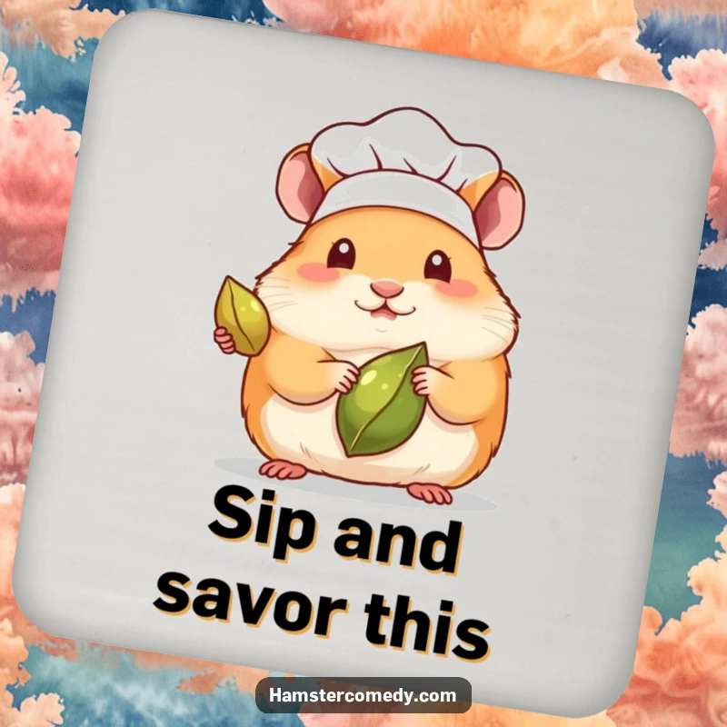 Funny coasters with a kawaii hamster chef in a hat, presenting a single seed, for stylish protection.