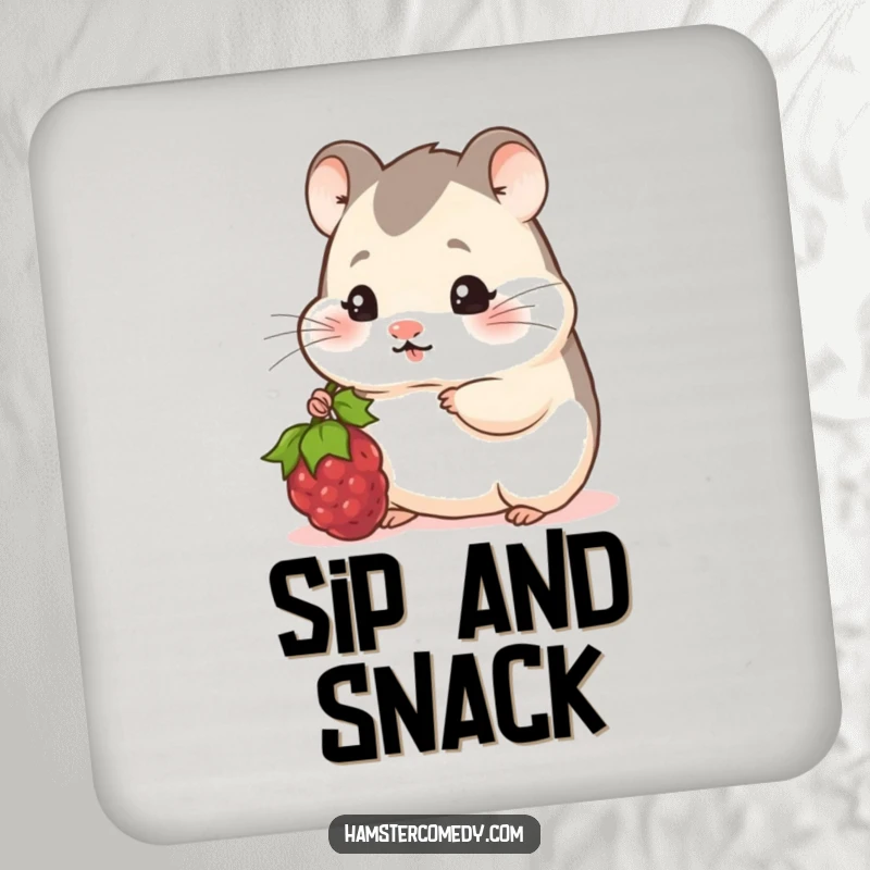 Funny Hamster Coaster: A shy hamster peeks out, offering a tasty berry with a bashful yet humorous expression.