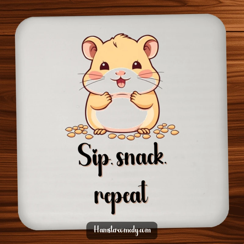 Cute kawaii hamster with full cheeks, stuffing seeds, depicted on protective drink coasters, adding charm.